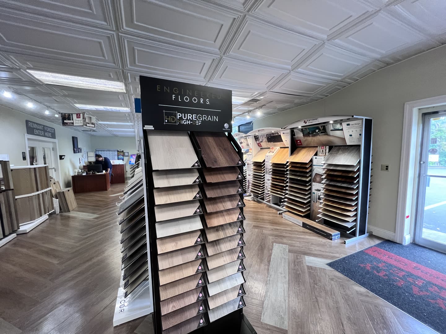 Luxury vinyl sample racks at the Royalty Carpet & Flooring showroom in Wappingers Falls