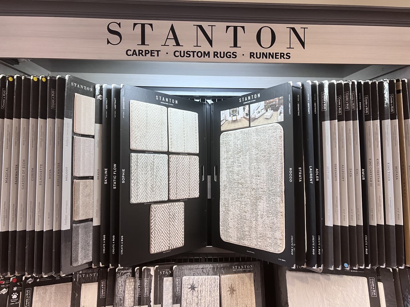 Carpet sample displays at the Royalty Carpet & Flooring showroom in Wappingers Falls