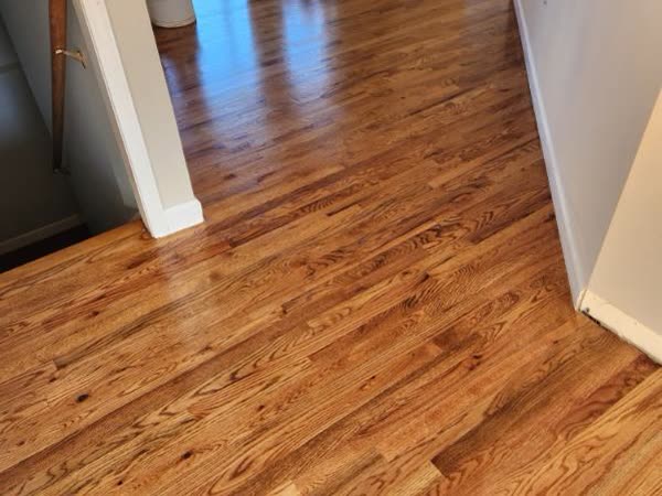 Hardwood hallway with a glossy finish after refinishing