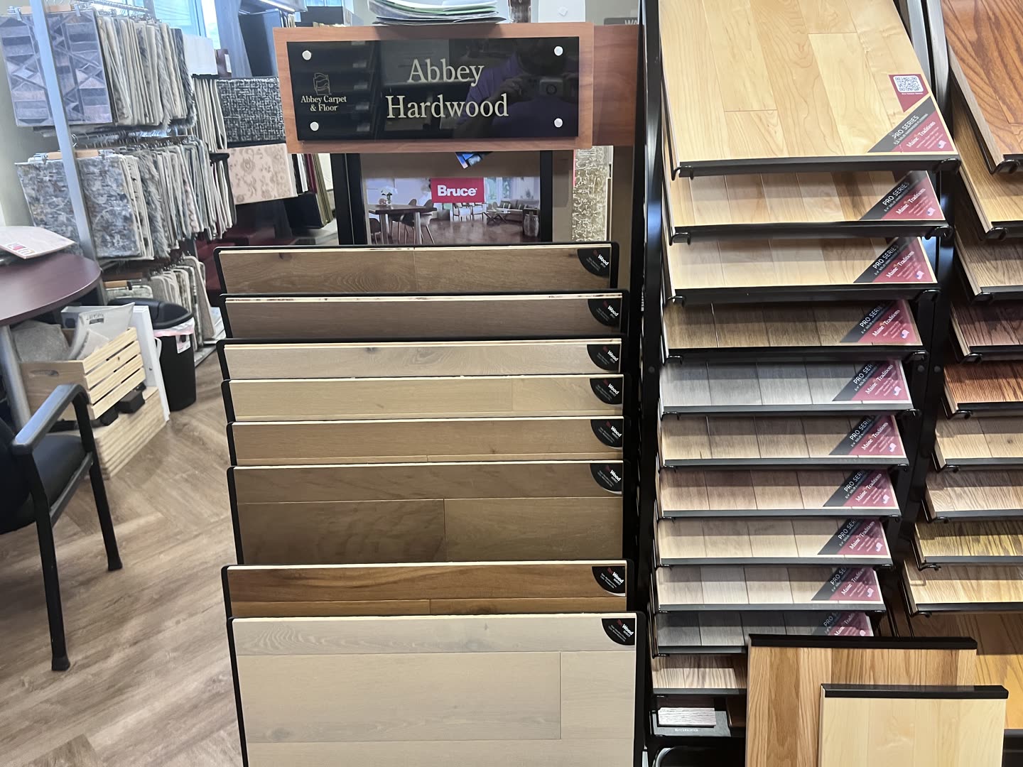 Hardwood flooring sample boards on display at the Royalty Carpet & Flooring showroom in Wappingers Falls